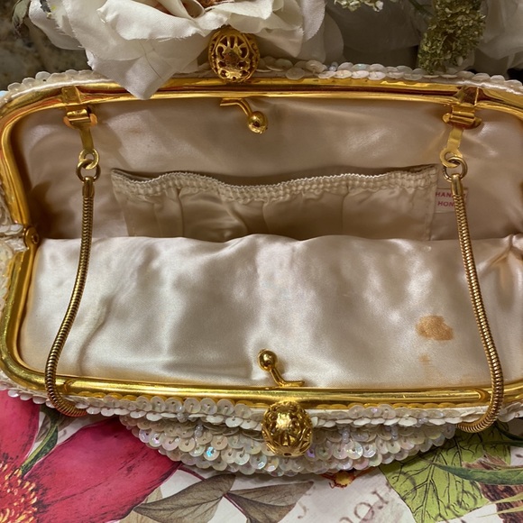 Vintage made in Hong Kong cream handmade sequin for wedding/evening/prom purse - Picture 6 of 10
